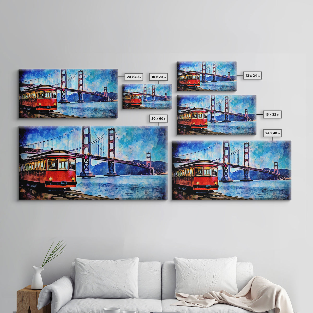 Watercolor Golden Gate Bridge Wall Art, Cable Car, San Francisco, Panoramic Wall Decor, Canvas Print, Wall Art, Framed Canvas Art