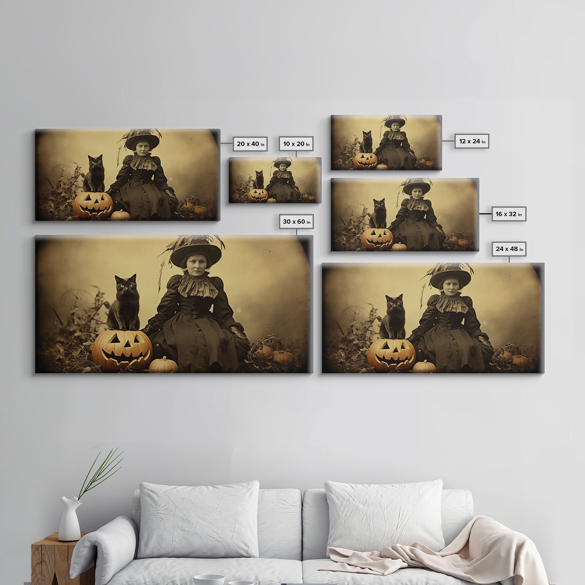 Spooky Halloween Art, Tin Type Photo Of A Witch and Her Black Cat, Witchy Decor, Canvas Print, Witch Girl, Dark Academia, Gothic Victorian
