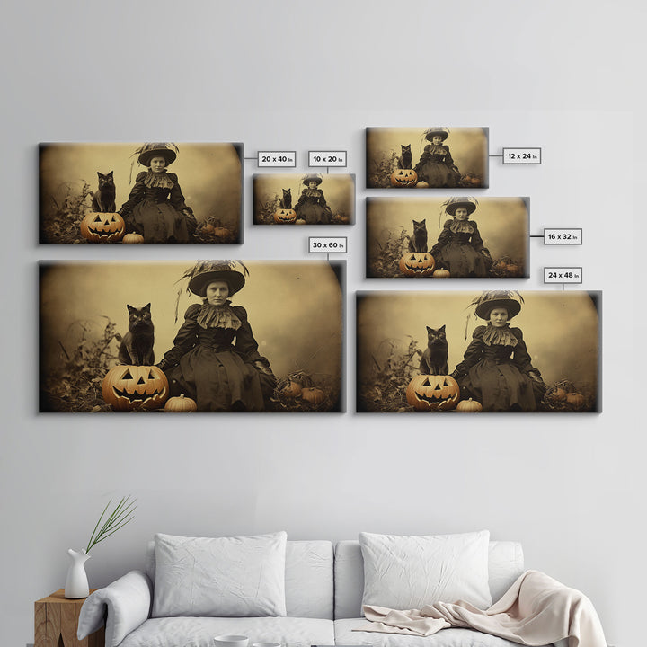 Spooky Halloween Art, Tin Type Photo Of A Witch and Her Black Cat, Witchy Decor, Canvas Print, Witch Girl, Dark Academia, Gothic Victorian