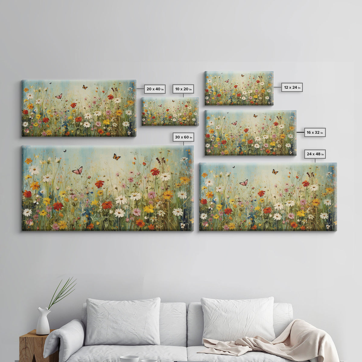 Butterfly Art, Wildflowers Print, Framed Canvas Print, Beautiful Watercolor Painting, Abova Sofa Decor, Minimalist Wall Art, Modern Decor