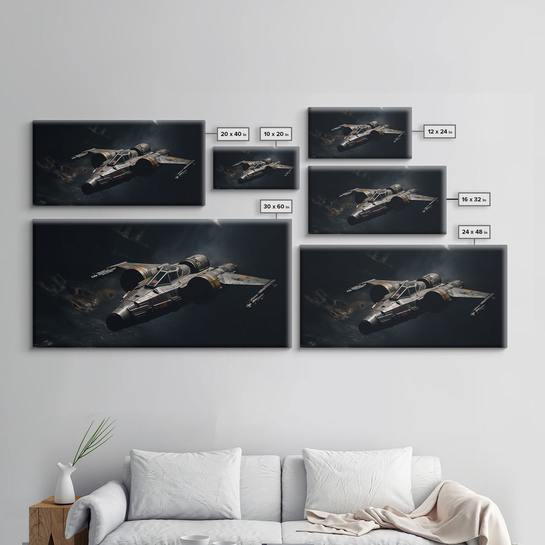 The Star Fighter, Cool Scifi Wall Art, Scifi Art, Framed Canvas Print, Gull Wing Space Ship, Unique Art, Alien Wall Art, Space Ship Art
