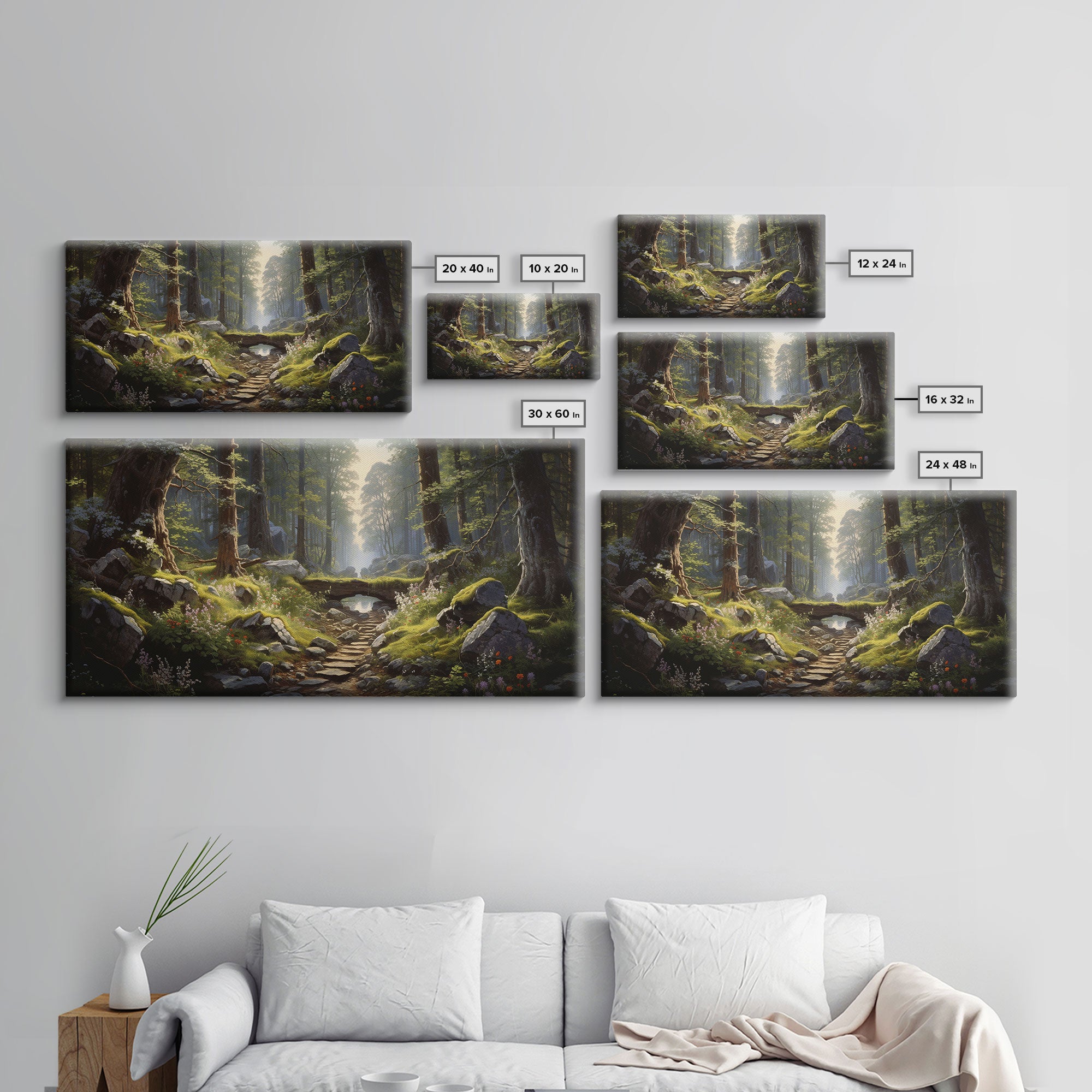 SlightlyScorched Framed Canvas Print Emerald Green Fantasy Forest, Mountain Forest Lake Landscape Minimalist Modern Art Nature Wall Decor