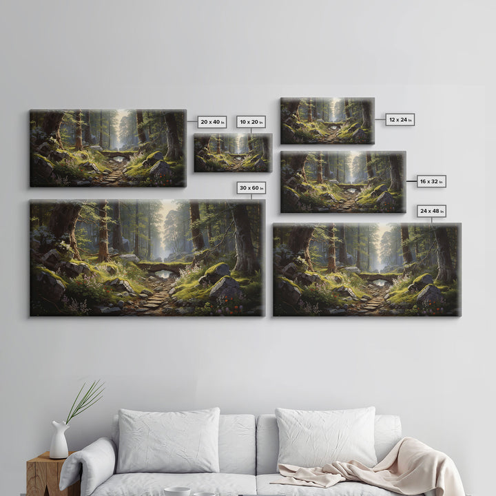 SlightlyScorched Framed Canvas Print Emerald Green Fantasy Forest, Mountain Forest Lake Landscape Minimalist Modern Art Nature Wall Decor