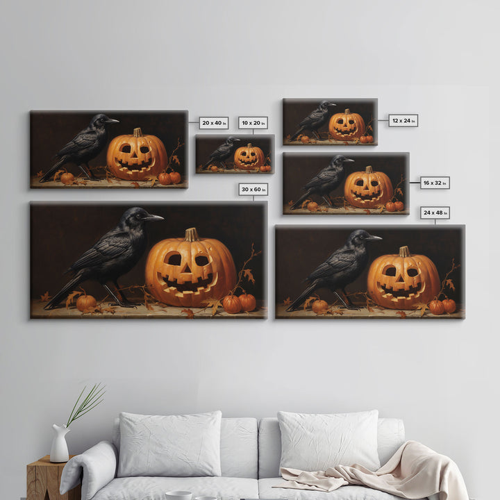 Spooky Crow Print, The Raven and The Jack O Lantern, Halloween Wall Art, Victorian Oil Painting