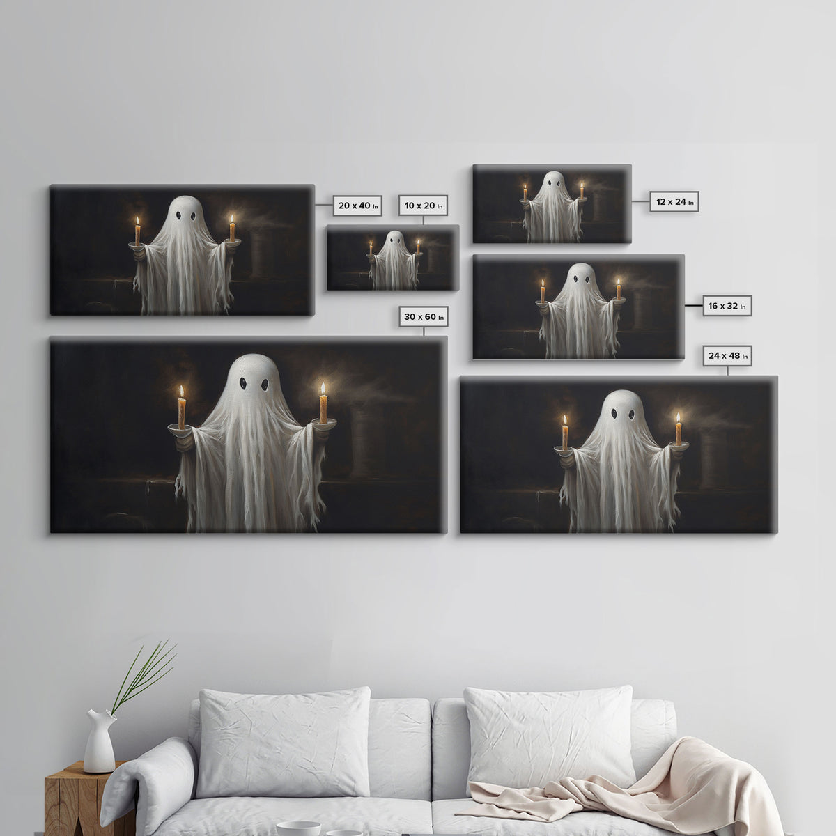 Cute Ghost Holding Candles, Framed Canvas Print, Dark Academia Wall Art, Victorian Oil Painting Style Halloween Wall Art, Ghost Print