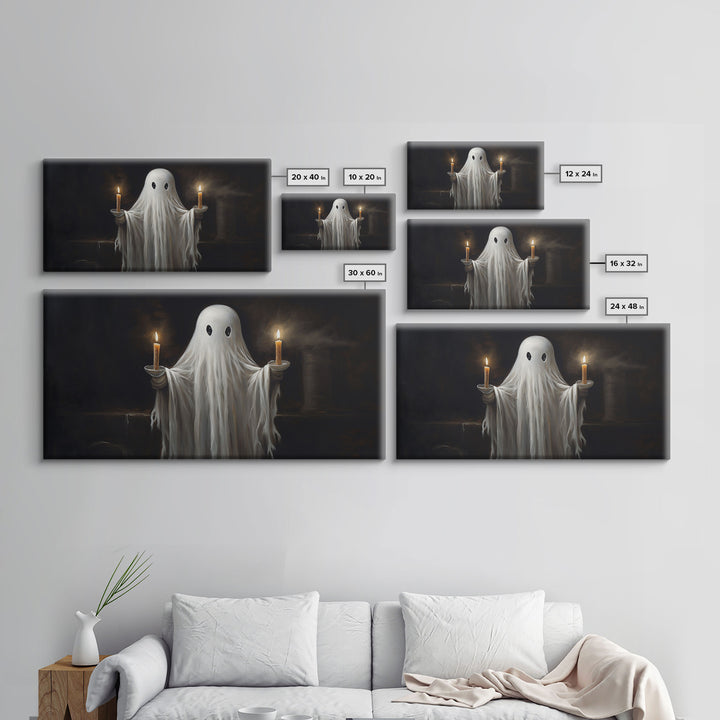 Cute Ghost Holding Candles, Framed Canvas Print, Dark Academia Wall Art, Victorian Oil Painting Style Halloween Wall Art, Ghost Print