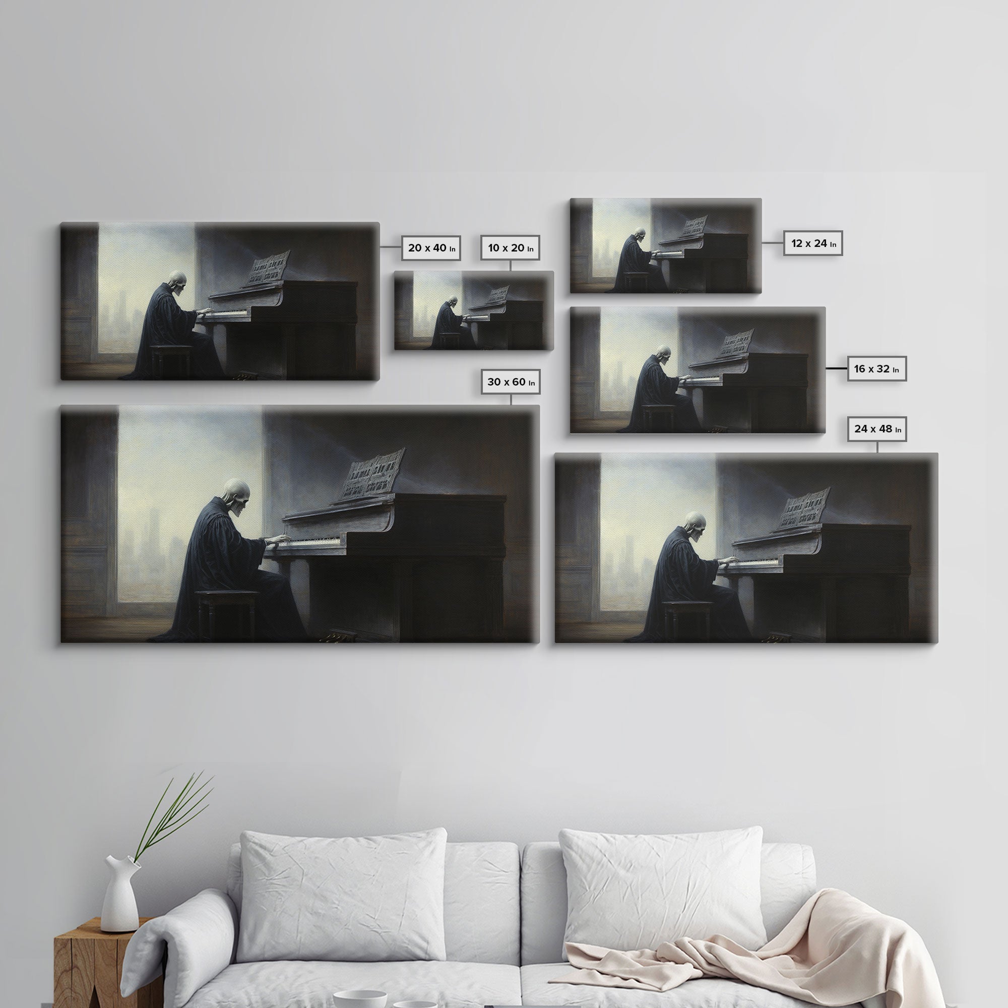 Grim Reaper Playing The Piano, Framed Canvas Print, Cool Halloween Decor, Wild West Themed Halloween Art