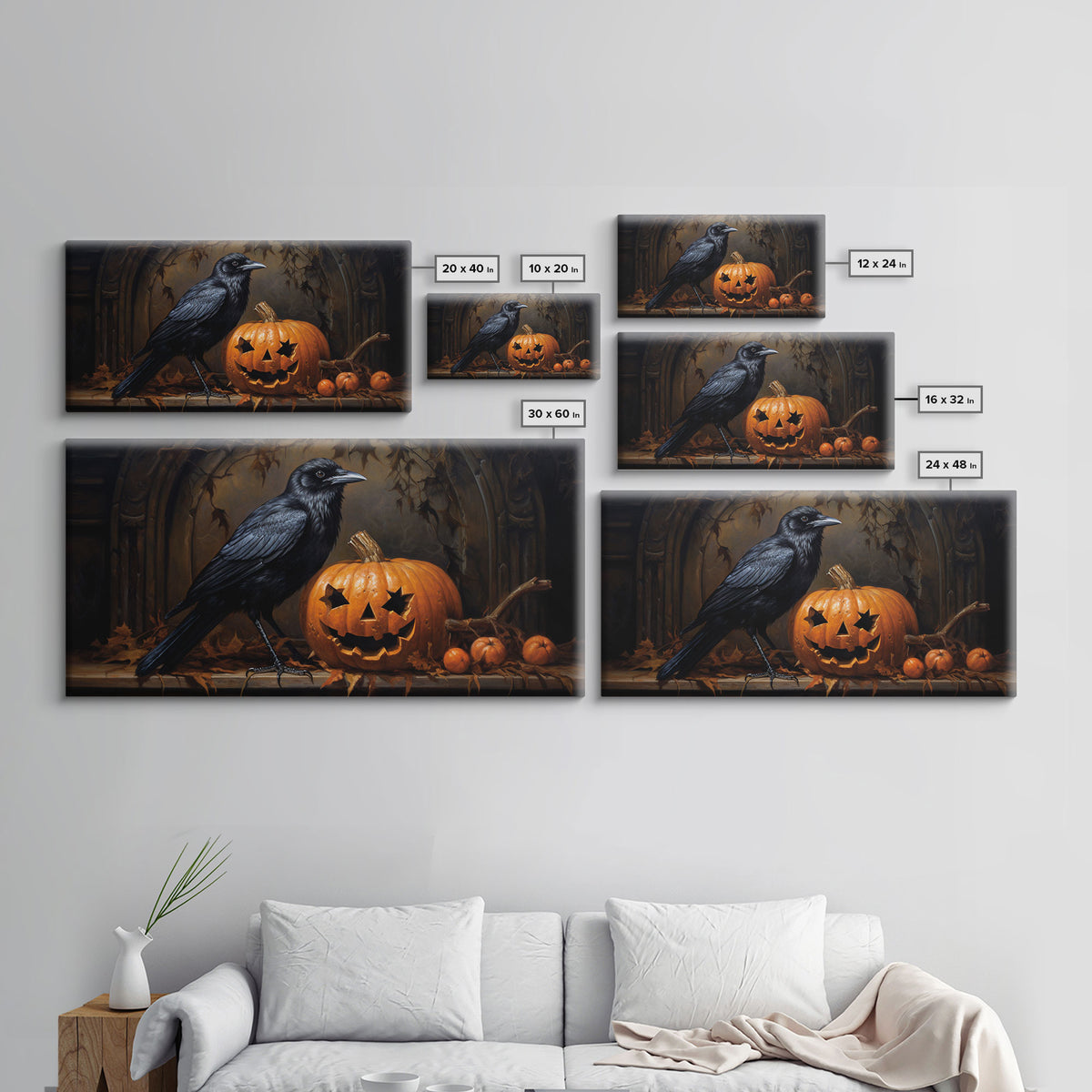 Spooky Crow Print, The Raven and The Jack O Lantern, Halloween Wall Art, Victorian Oil Painting, Dark Academia, Goth Art