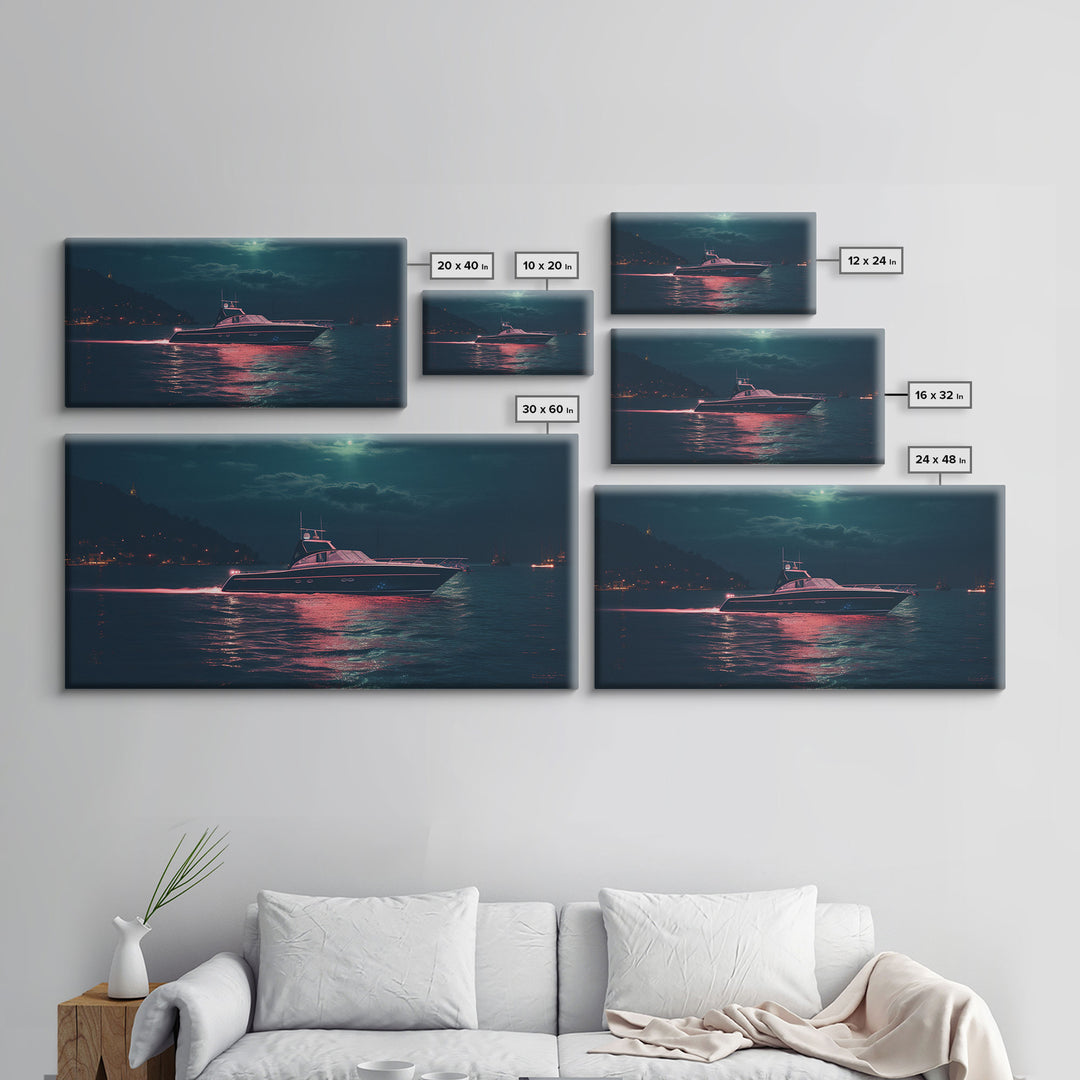 Night Cruise, Vaporwave Yacht Decor, Nautical Framed Canvas Print, Eclectic Retro Wall Art, 1980s Vibes Decor, Vintage Photography