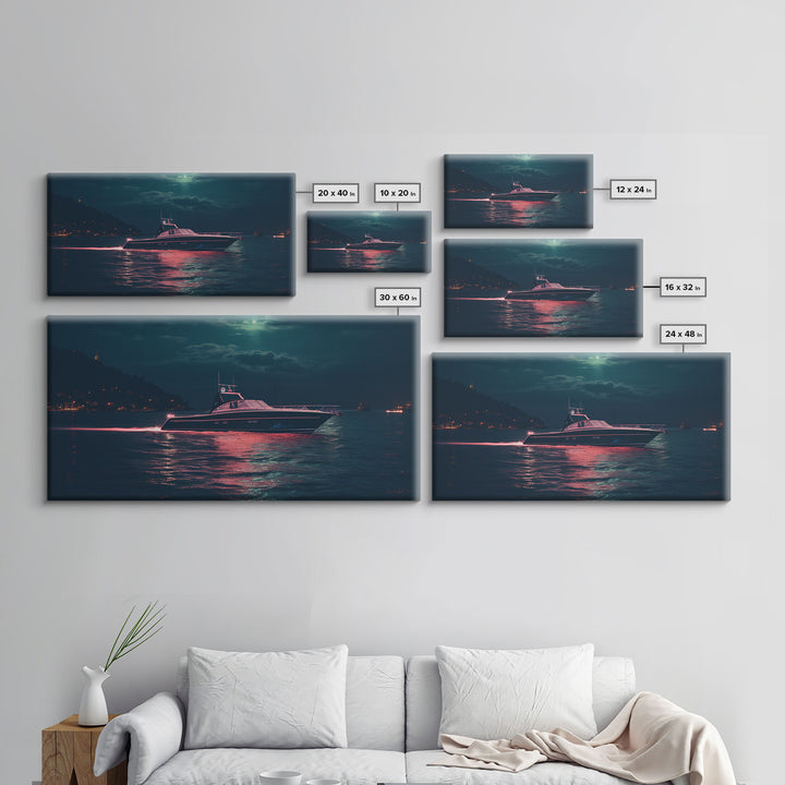 Night Cruise, Vaporwave Yacht Decor, Nautical Framed Canvas Print, Eclectic Retro Wall Art, 1980s Vibes Decor, Vintage Photography