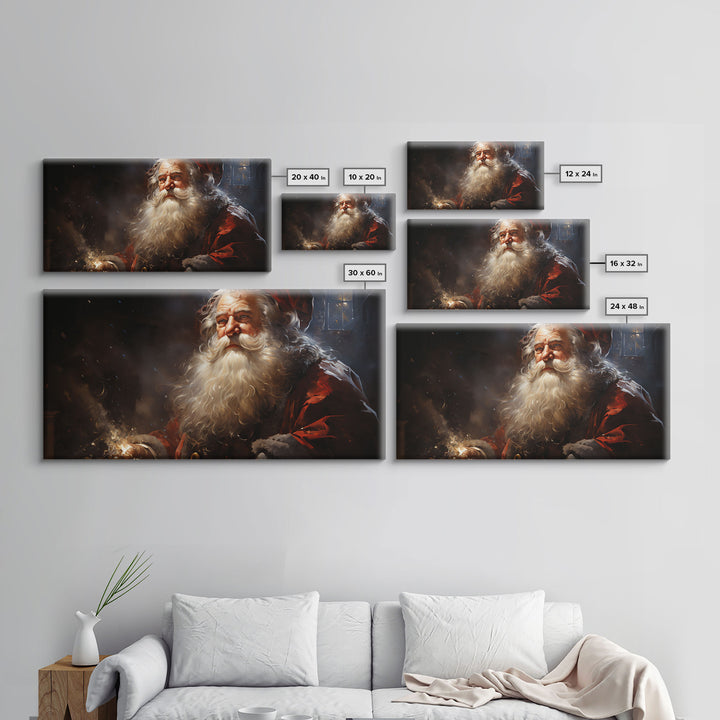 Santa Claus Burning The Midnight Oil - Framed Canvas Print - Christmas Santa Art - Xmas Decor Poster - Vintage Xmas Holiday Art Print