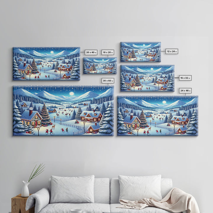 Cute Christmas Village Centerpiece Wall Art - Framed Canvas Print - Winter Wonderland Decorated for Christmas Canvas Wall Art - Vintage Xmas