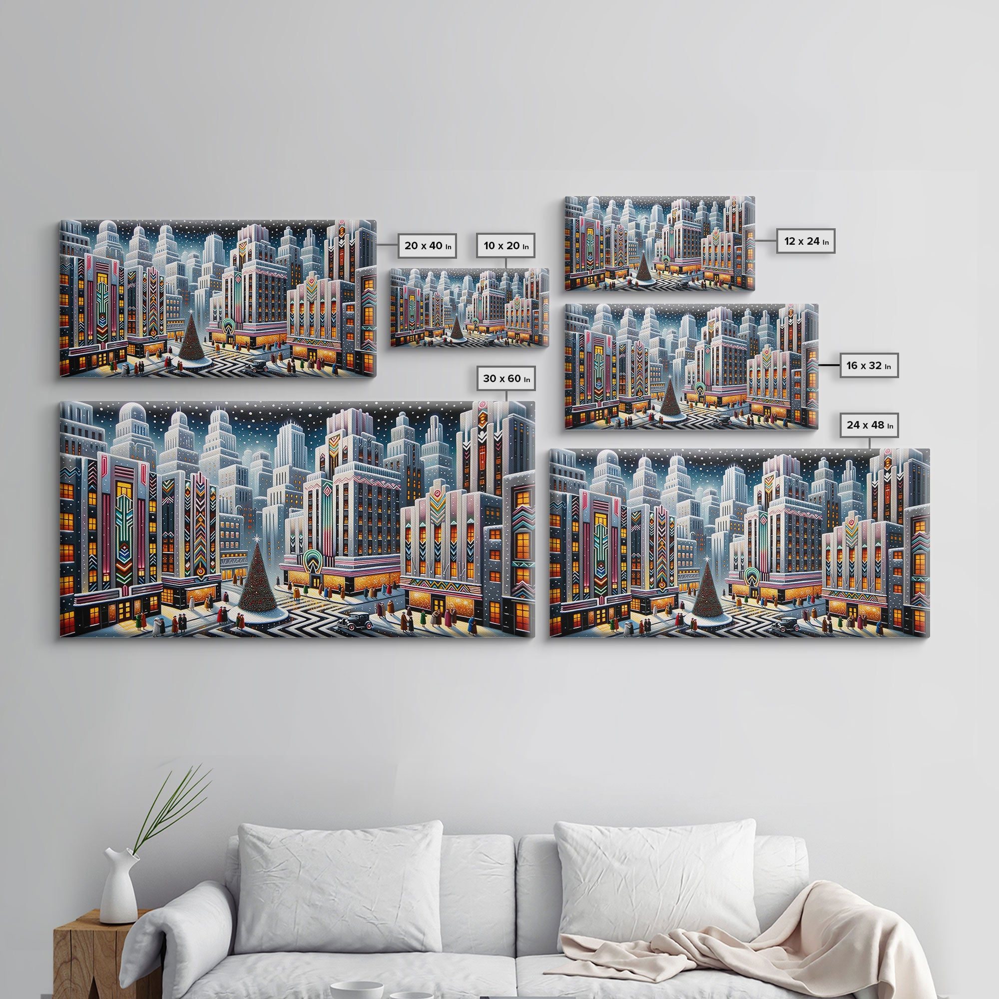 Vintage Style Art Deco Christmas Village | Framed Canvas Print | Winter Centerpiece | Retro Christmas Art | Vintage Christmas Decor