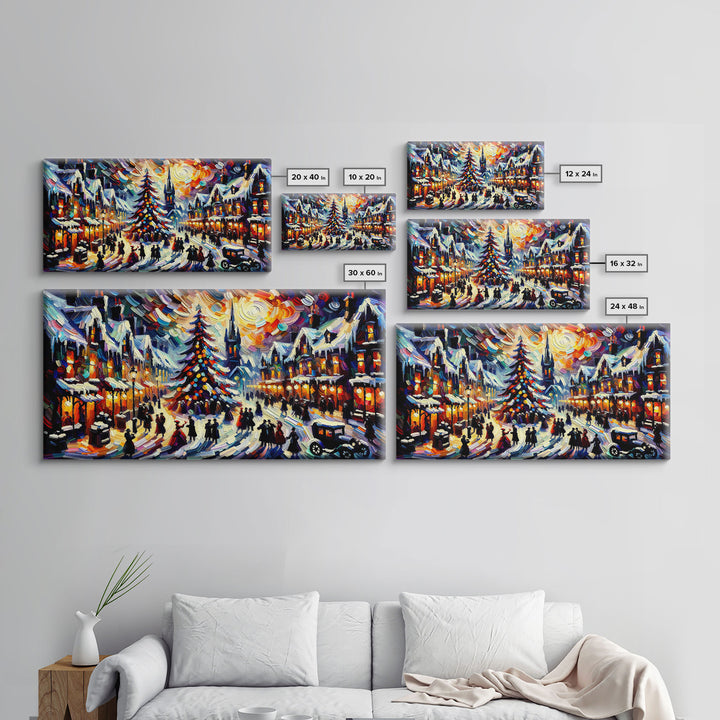 Retro Style Christmas Canvas Print | Framed Canvas Print | Christmas Village | Winter Wonderland | Impasto Style Painting | Seasonal Decor
