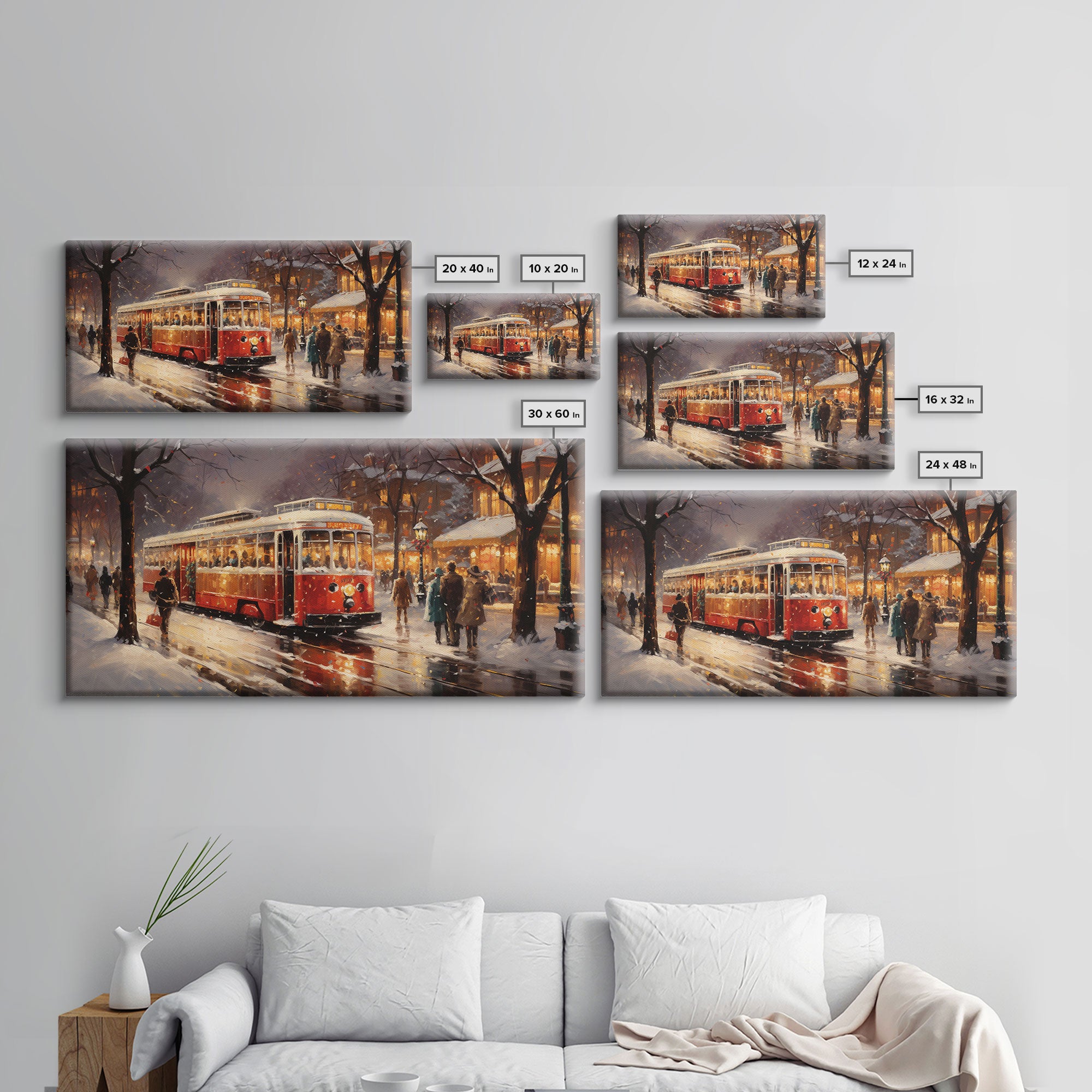 Retro Red Trolley Car Decorated For Christmas, Framed Canvas Print, Christmas Wall Art, Christmas Decor Mom Christmas Gift Christmas Village