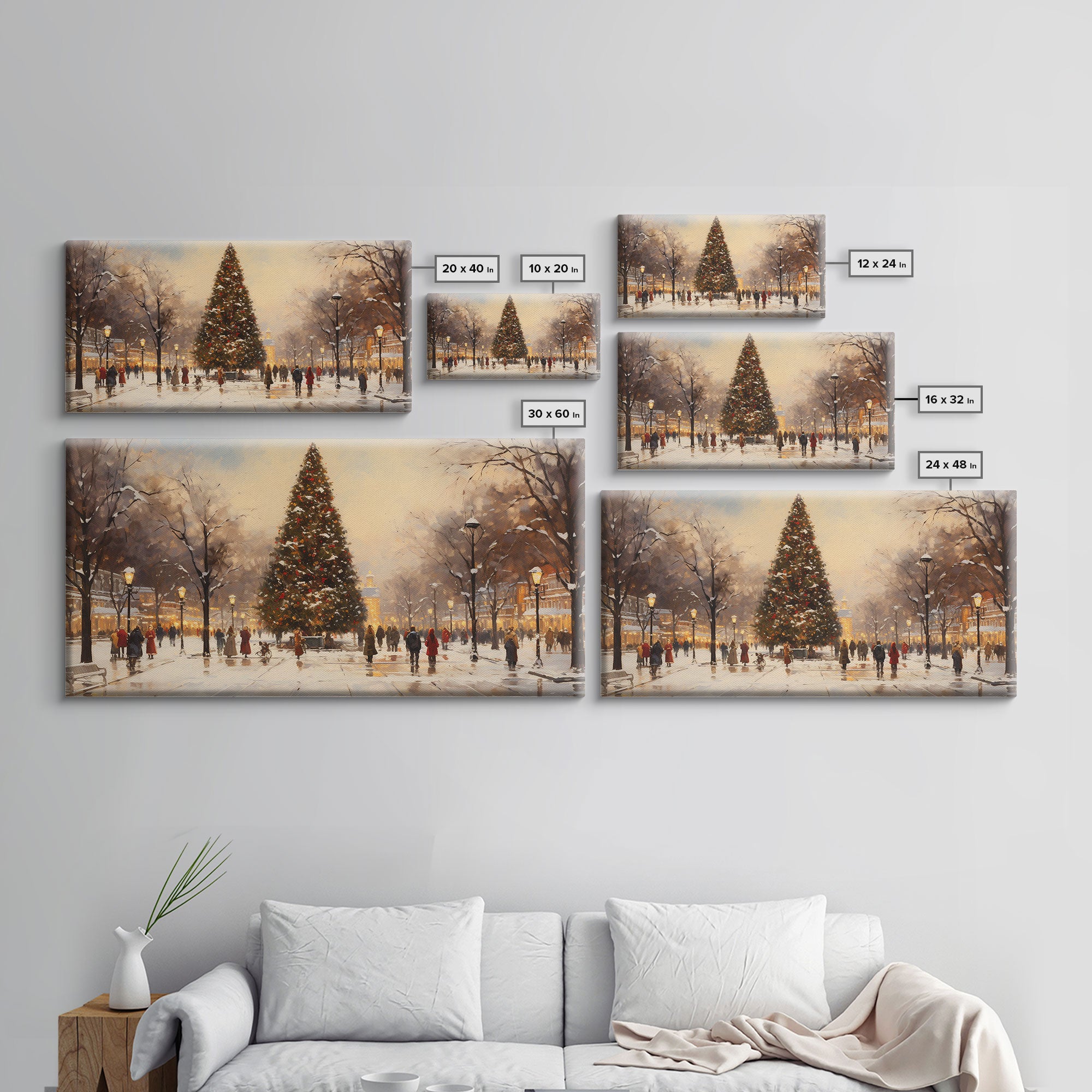 Cute Christmas Village Art, Christmas Decor, Framed Canvas Print, Holiday Painting, Seasonal Decor, Christmas Tree Art Christmas Centerpiece