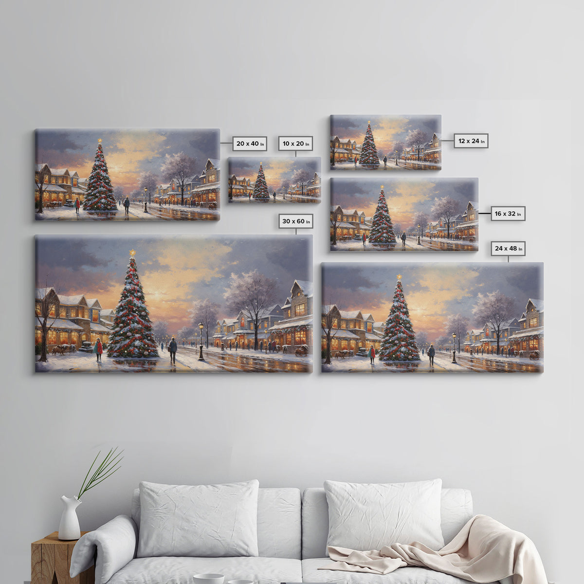 Cute Christmas Decor, Christmas Wall Art, Vintage Winter Wonderland Christmas Village Oil Painting Canvas Print, Framed Wall Art
