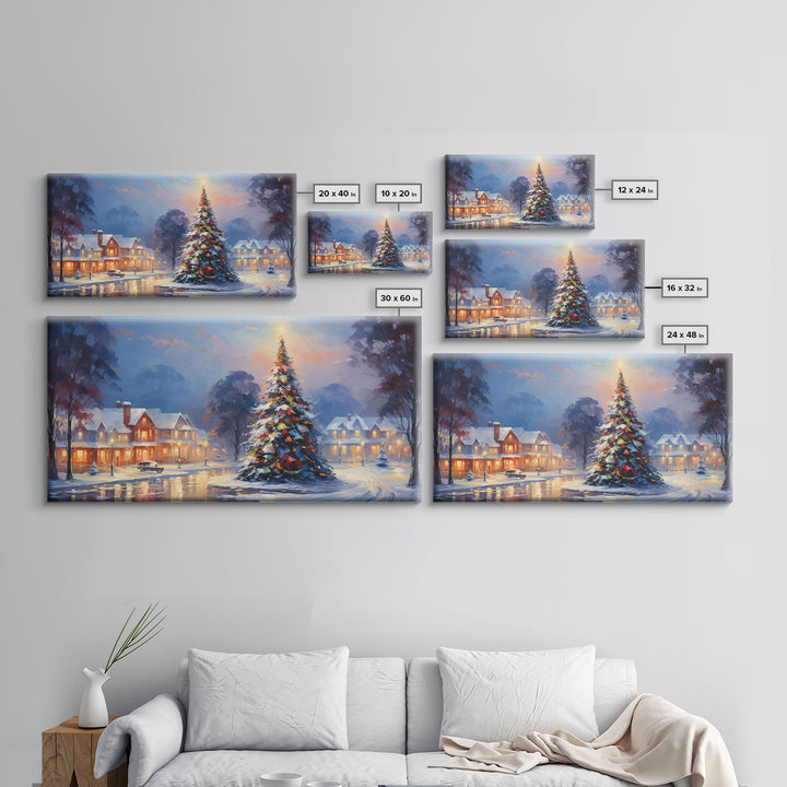 Cute Christmas Decor, Christmas Wall Art, Vintage Winter Wonderland Christmas Village Oil Painting Canvas Print, Framed Wall Art