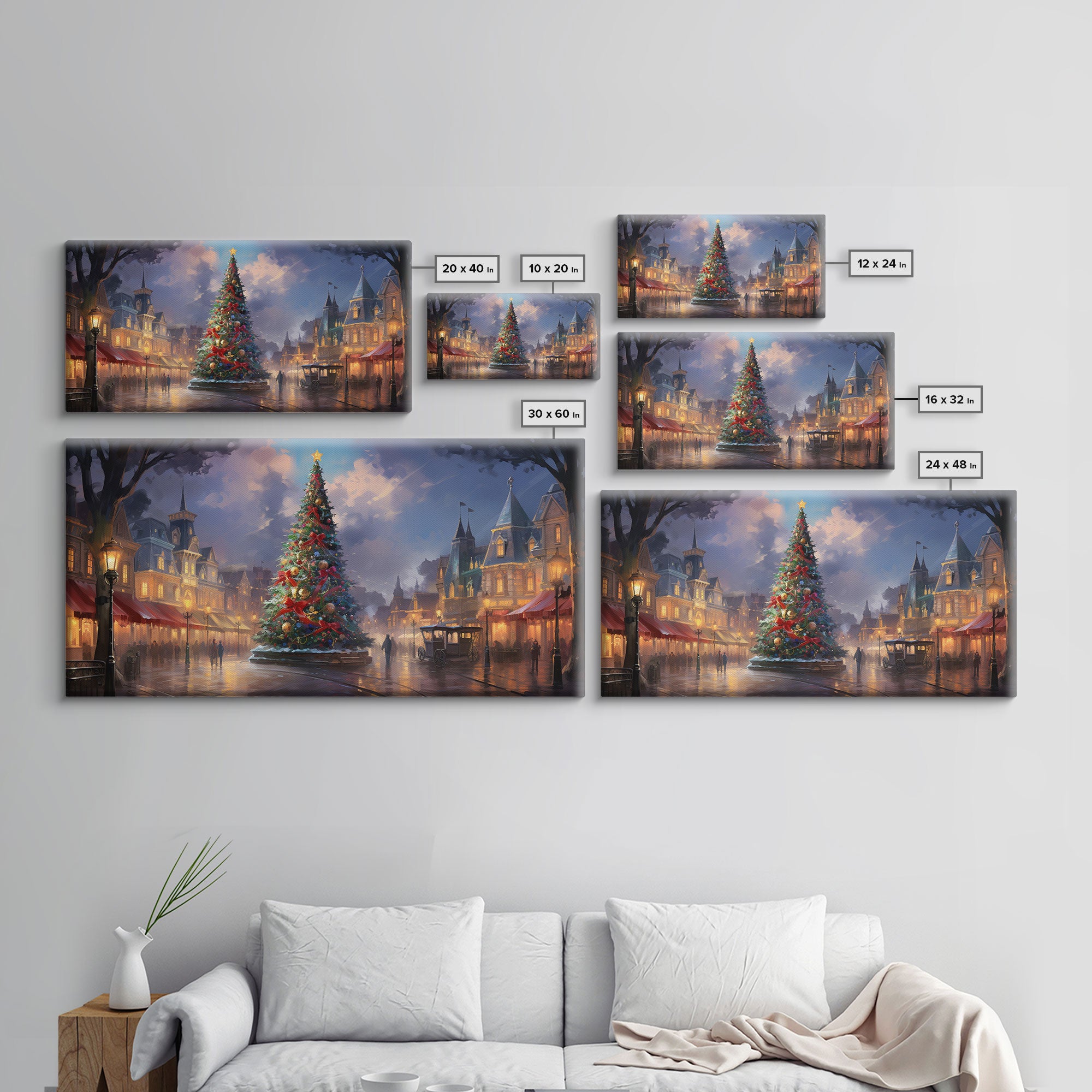 Christmas Decor Handmade, Framed Canvas Print, Beautiful Winter Wonderland Christmas Village, Christmas Tree Art