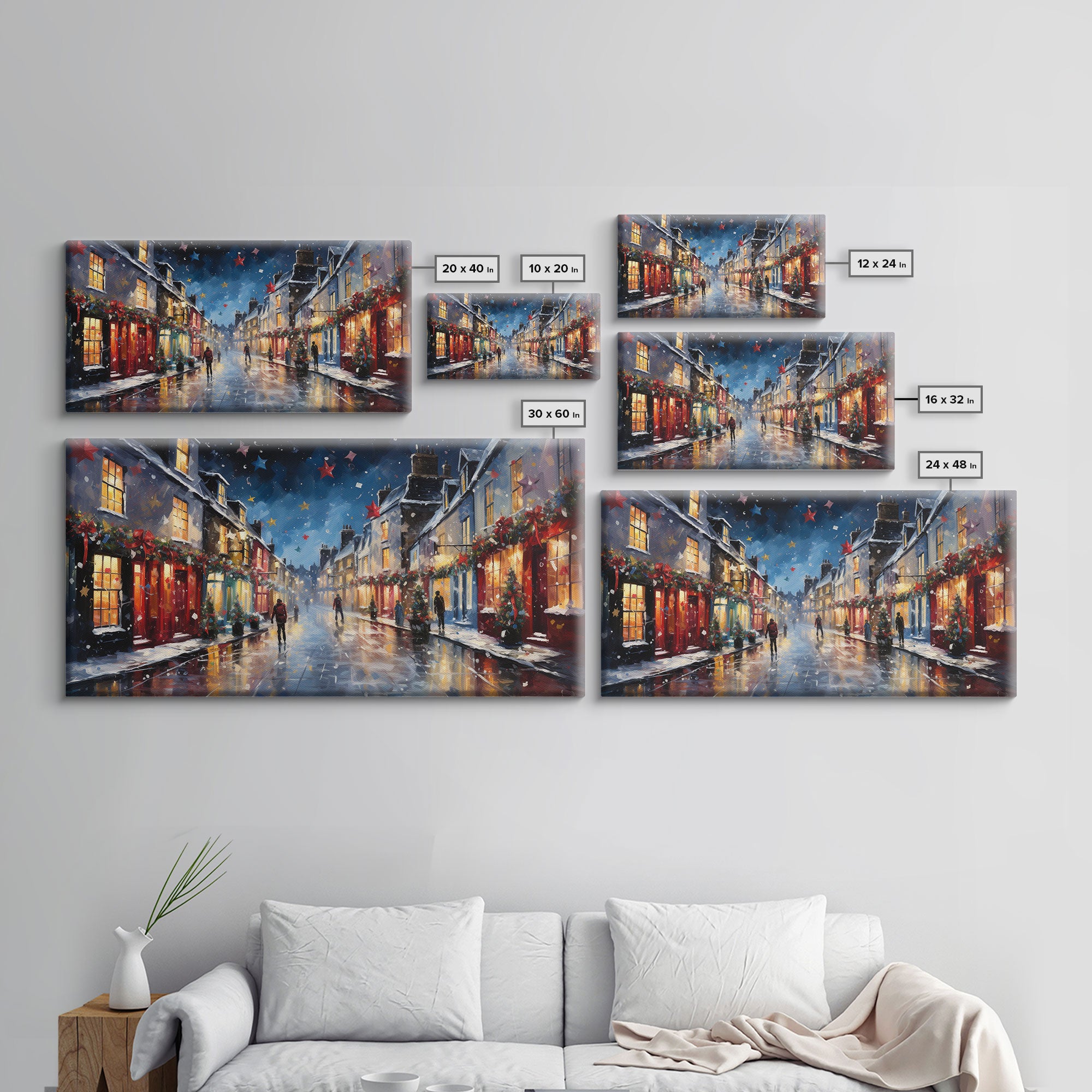 Christmas Wall Art - Framed Canvas Print - Winter Wonderland Victorian Village Decorated for Christmas - Christmas Canvas Wall Art