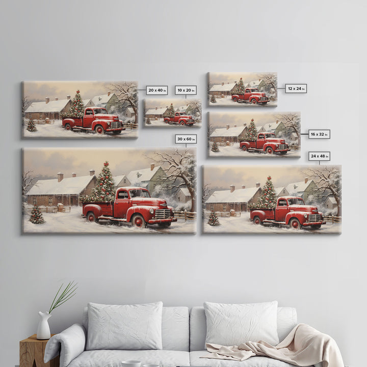 Vintage 1950s Red Truck Delivering Christmas Trees In The Snow - Framed Canvas Print - Farmhouse Christmas Decor - Retro Christmas