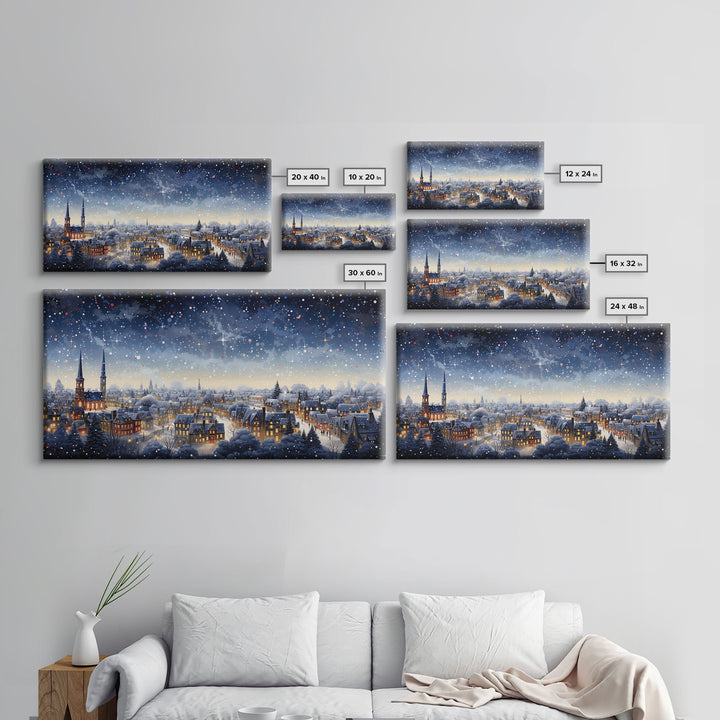 Snowfall Over A Victorian Village - Winter Decor - Christmas Wall Art - Framed Canvas Print - Winter Art Print - Winter Landscape