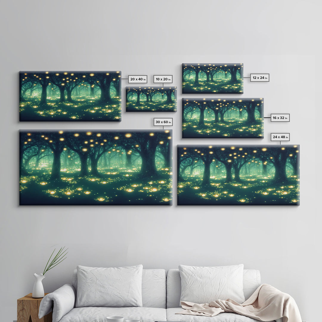 Fireflies At Night In A Fantasy Forest,  Framed Ready To Hang Canvas Print, beautiful wall art, guest room decor