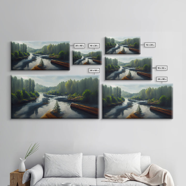 Flowing River wall decor, ready to hang canvas print wall art, blue river cabin art, lake house art