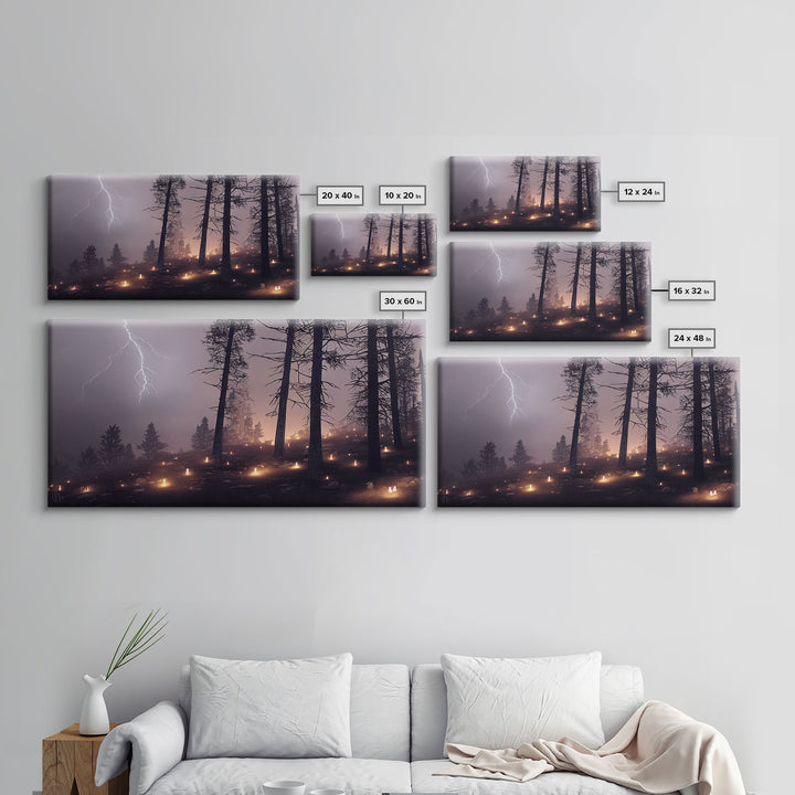 Haunted Gloomy Graveyard At Night, Thunder Storm, Halloween Cemetery Art, ready to hang canvas print wall art, Lightning Art