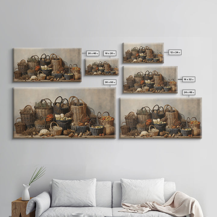 Cornucopia Wall Art, Basket Wall Decor Framed Canvas Print, Boho Wall Art, Wicker Round Bowl Art, Wicker Wall Art Print, Fall Decor
