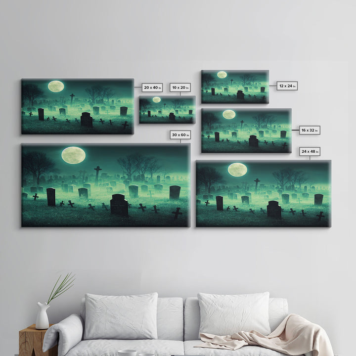 Halloween Cemetery At Night, Full Moon, Spooky Creepy Graveyard, ready to hang canvas print wall art