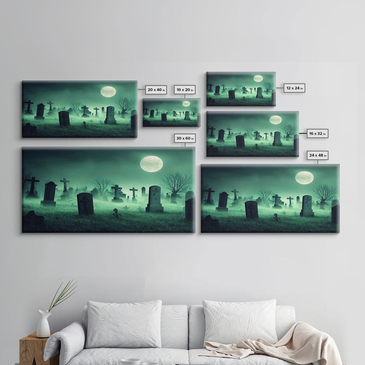 Full Moon Over A Haunted Cemetery At Night, Spooky Creepy Graveyard, ready to hang canvas print wall art, Halloween Art