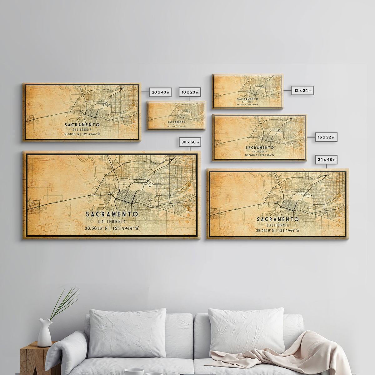 Vintage Sacramento map print poster or framed canvas | Sacramento city map print poster canvas | Sacramento, California print poster canvas