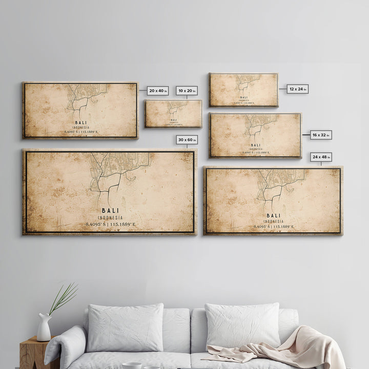 Vintage Bali Indonesia City Map Wall Art Canvas Print, Distressed Style Bali Map, Framed Wall Art, Cool Bali Travel Wall Art, Office Art