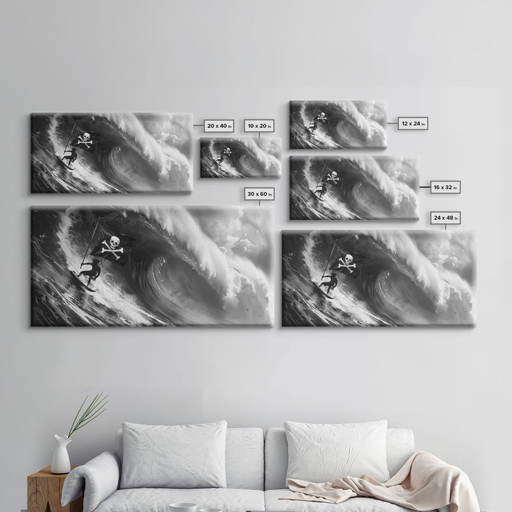 Pirate Surf - Framed Canvas Print - Black & White Photography Style Wall Art - Skull and Cross Bones Wall Art - Manly Decor - Mancave
