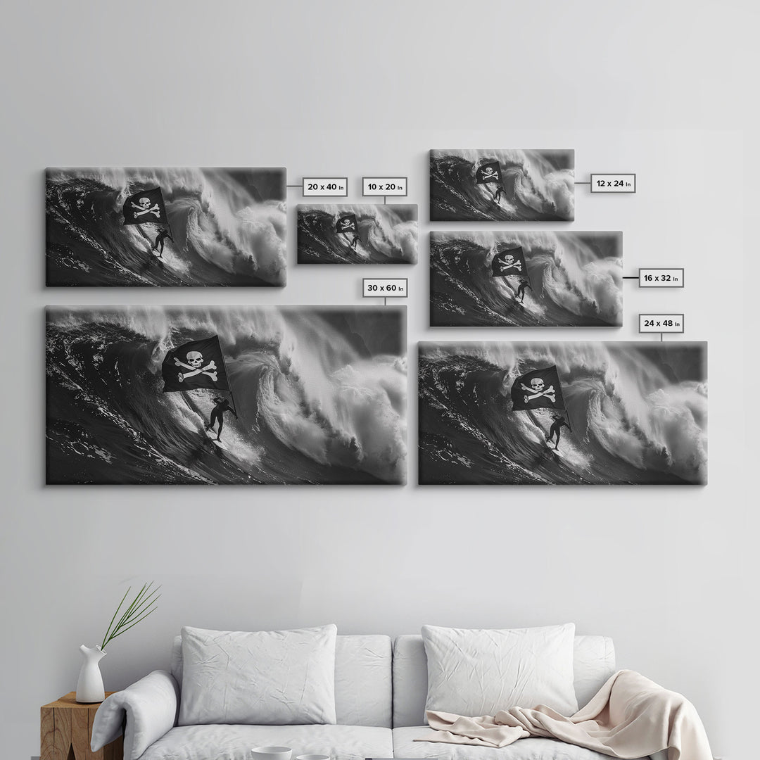 Surfer Waving A Skull and Crossbones Flag While Surfing - Framed Canvas Print - Cool Modern Art - Office / Mancave Decor Gift For Him