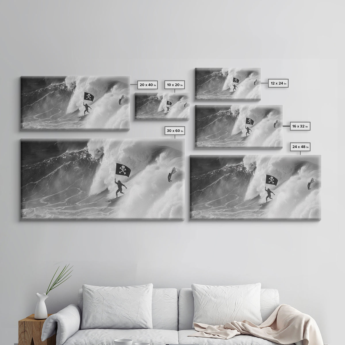 Surfer Waving A Skull and Crossbones Flag While Surfing - Framed Canvas Print - Cool Modern Art - Office / Mancave Decor Gift For Him