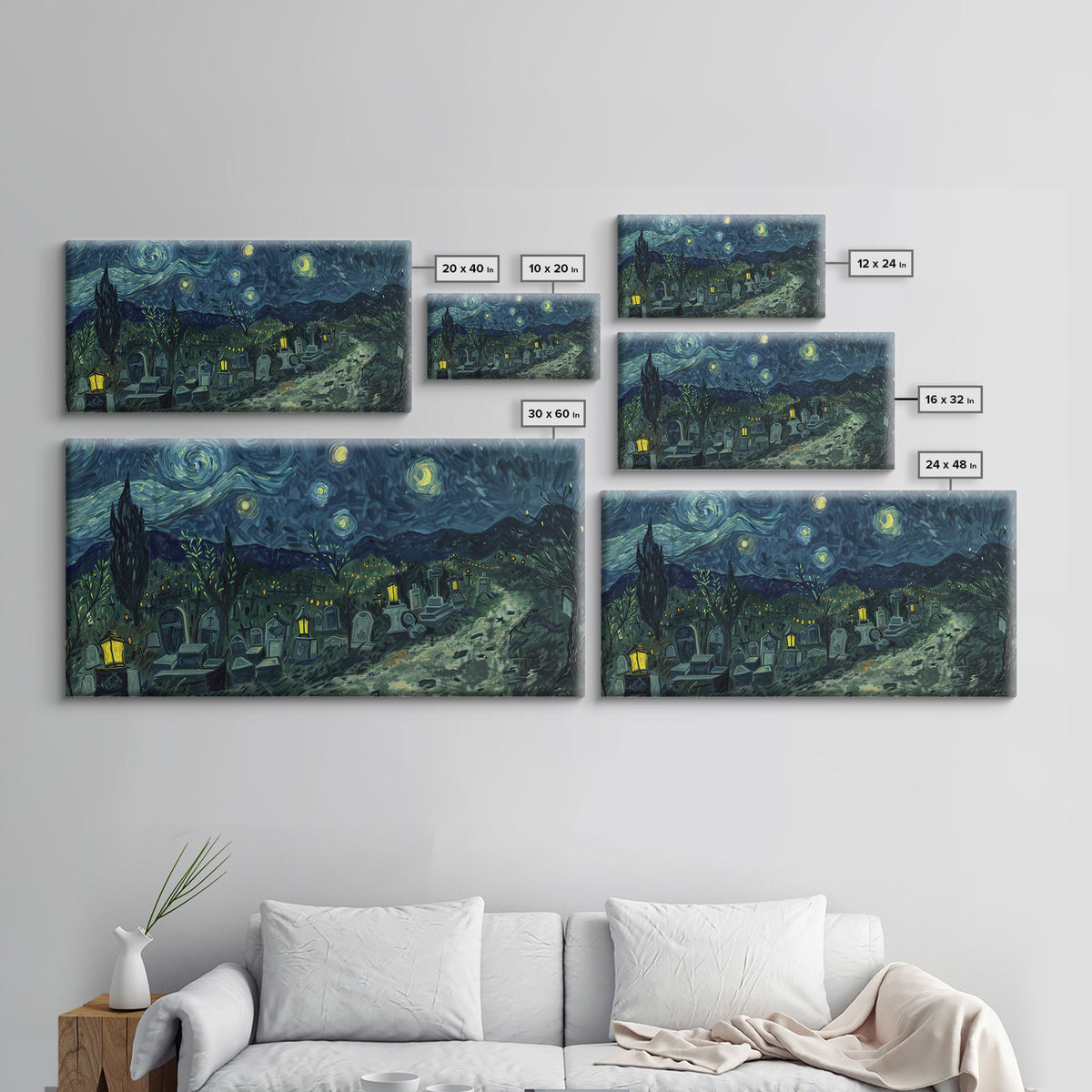 Starry Night Inspired Haunted Cemetery, Framed Canvas Print, Spooky Season Gift Idea, Halloween Decor, Halloween Prop