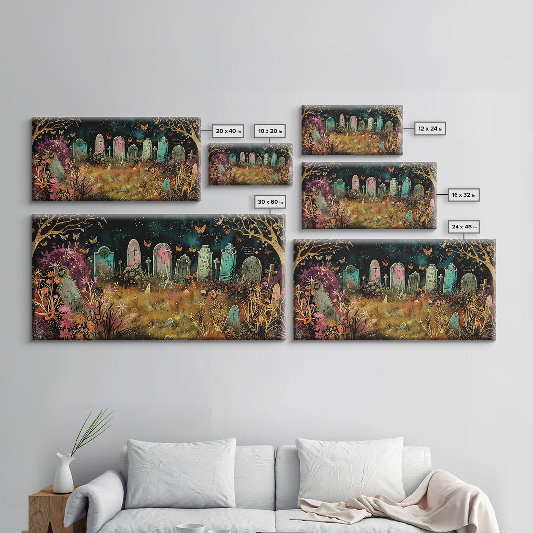Colorful Haunted Grave Yard In The Spring Time, Framed Canvas Print, Spooky Wall Art, Halloween Spooky Season Decor