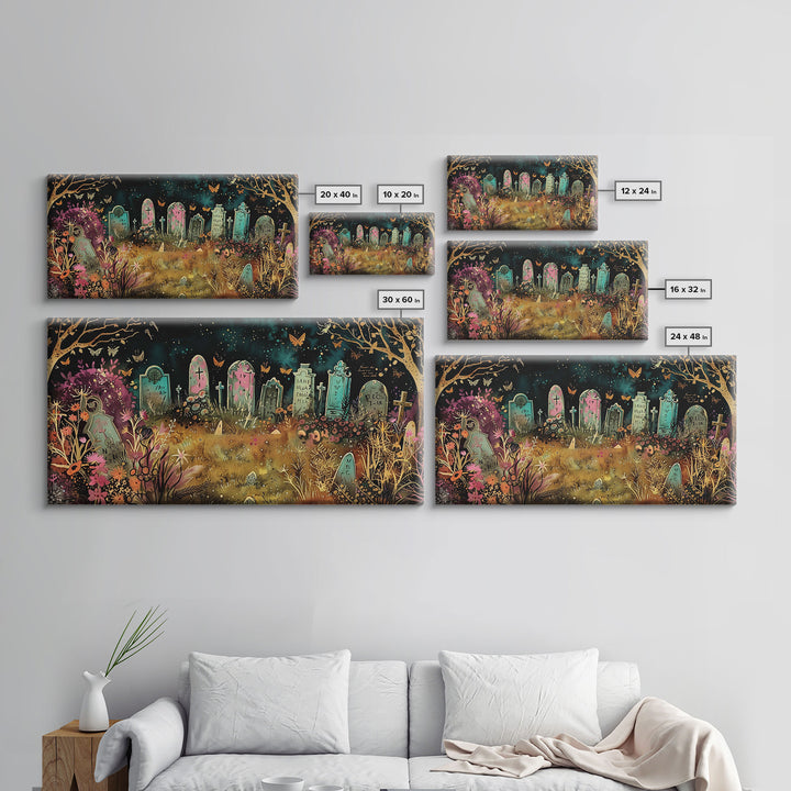 Colorful Haunted Grave Yard In The Spring Time, Framed Canvas Print, Spooky Wall Art, Halloween Spooky Season Decor