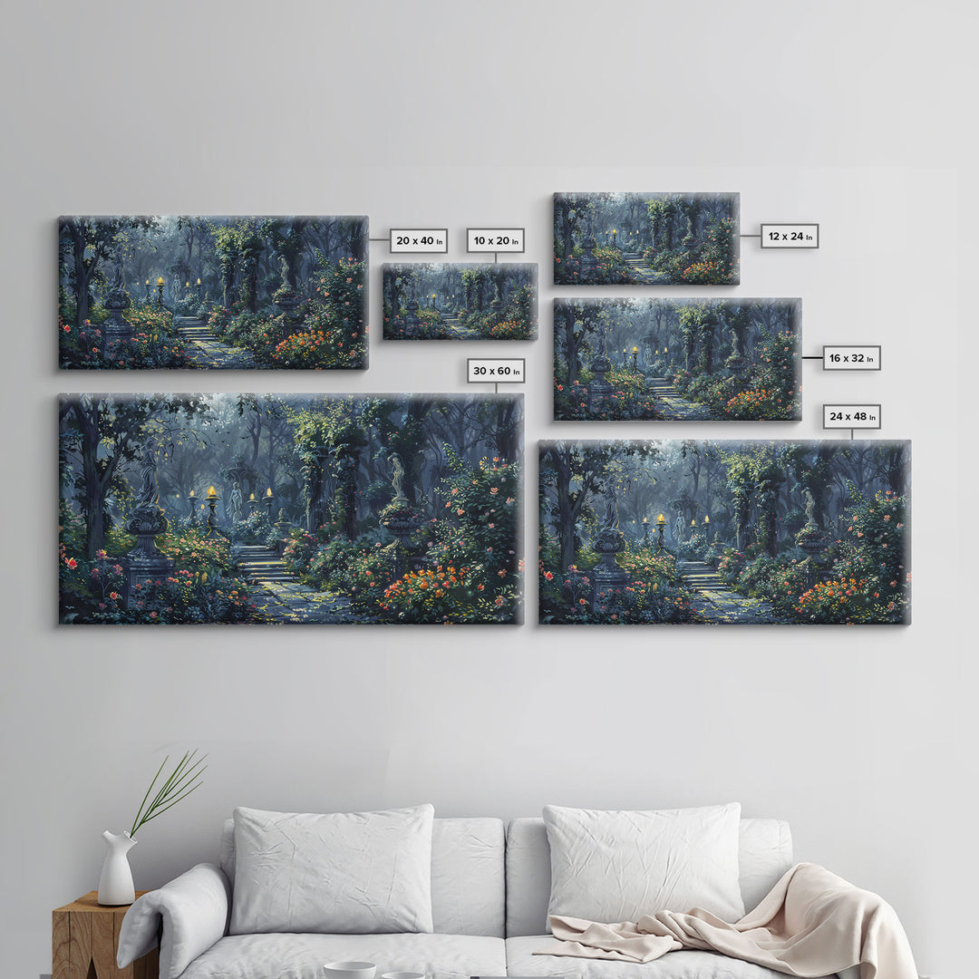 Creepy Victorian Hedge Maze, Haunted Cemetary Framed Canvas Print, Spooky Season Wall Art