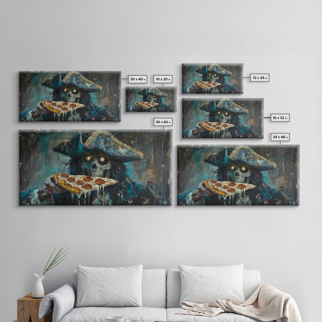 Spooky Pizza Pirate, Framed Canvas Print, Ghostly Pirate Havin a Slice of Pizza, kinda funny idk