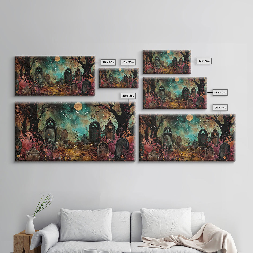 Spooky Cottagecore Mashup, Halloween Decor, Framed Canvas Print, Haunted Grave Yard Halloween Prop