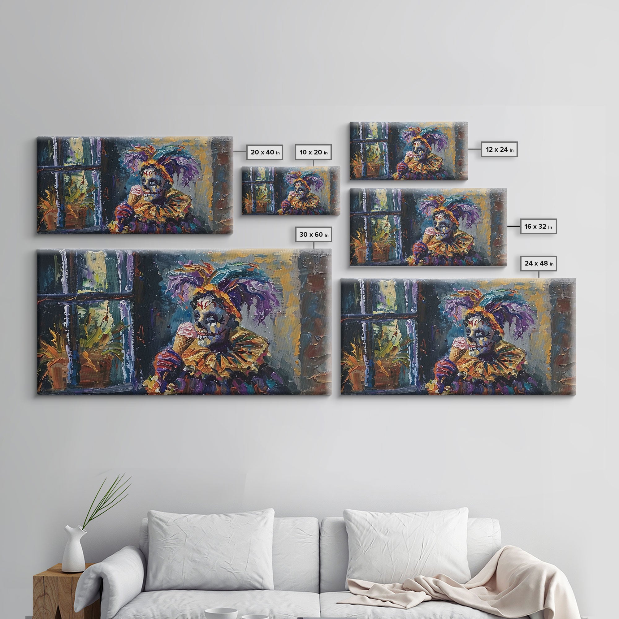 Spooky Court Jester Having an Ice Cream, Funny Halloween Art, Framed Canvas Print