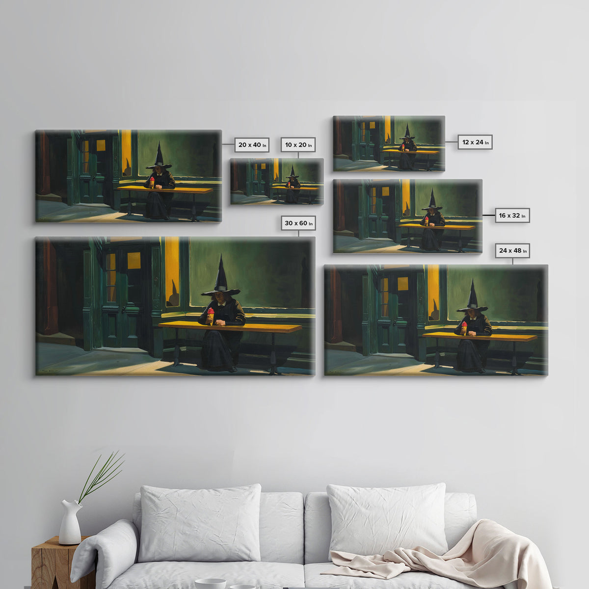 Sad Witch Having an Ice Cream Cone, Funny Halloween Art, Framed Canvas Print, Liminal Art