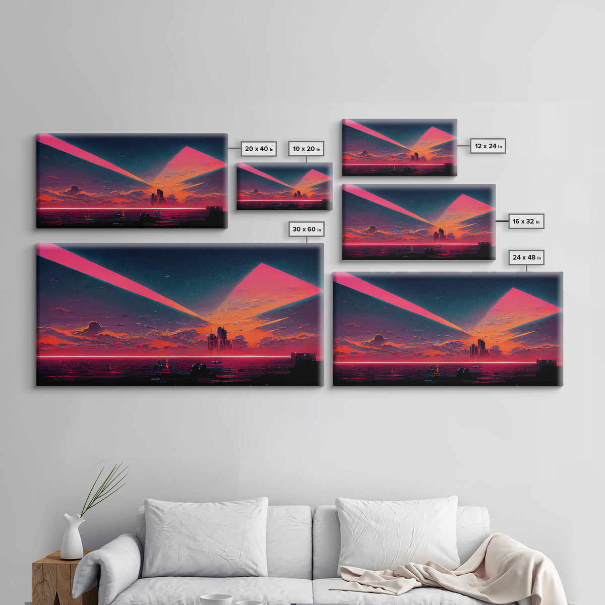 Cyberpunk lake art, city canvas, video game concept art, living room wall art, dystopian art, outrun city at sunset, man cave canvas print