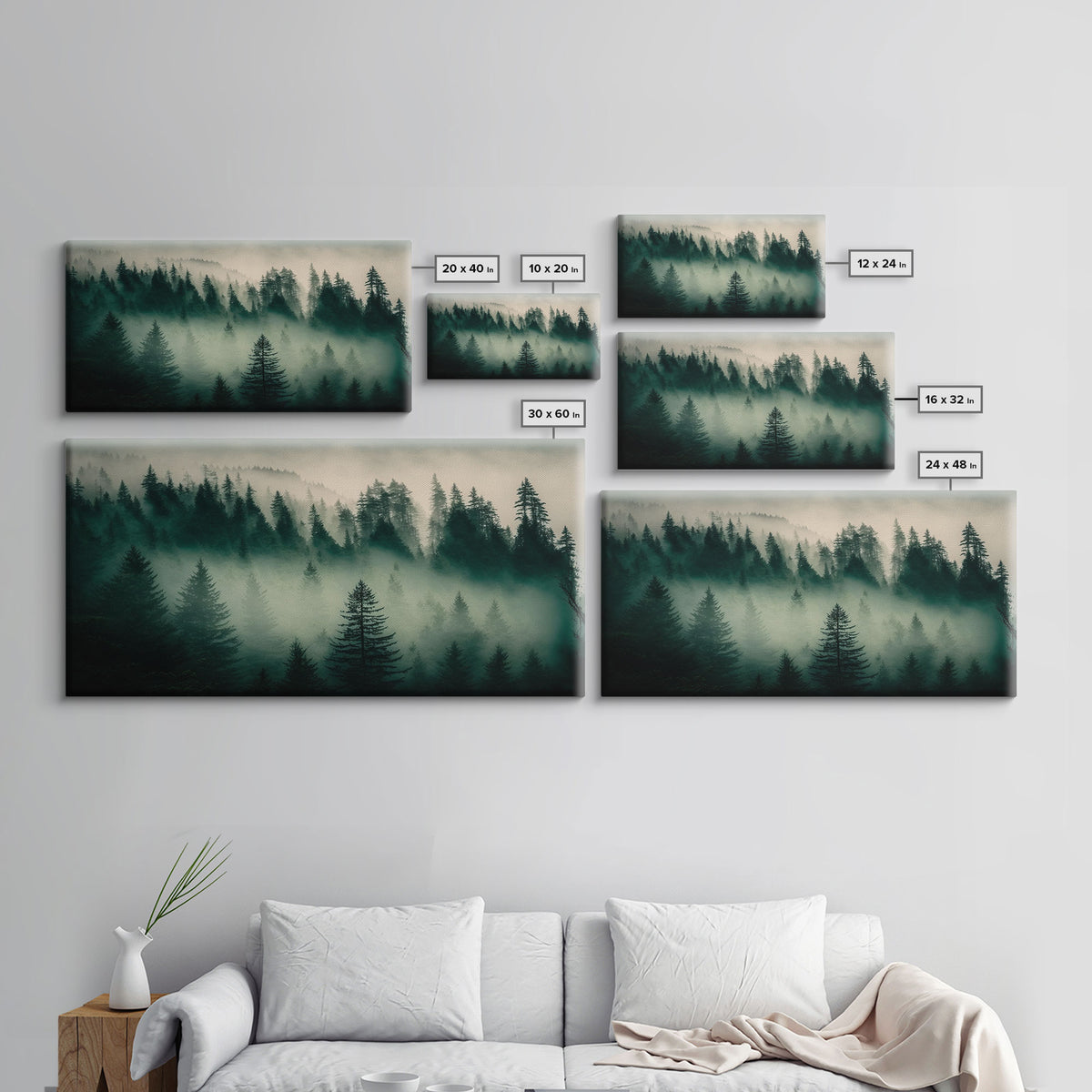 Framed Canvas Print, Pine Tree Forest, Misty Forest Landscape, Fog Covered Mountain, Nature Landscape Decor