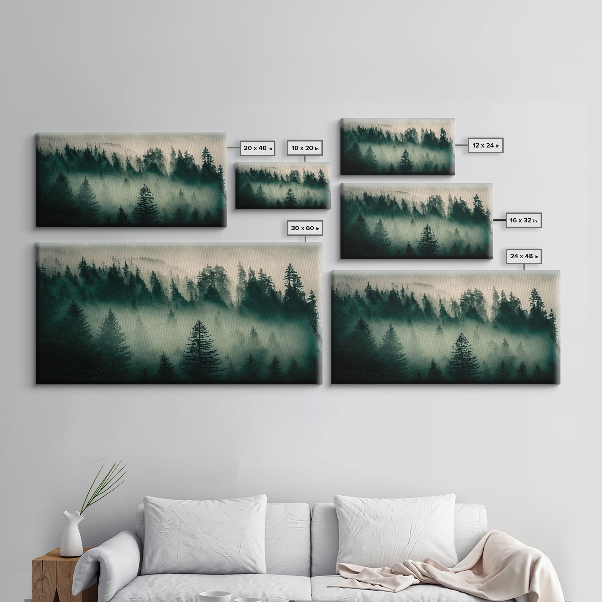 Framed Canvas Print, Pine Tree Forest, Misty Forest Landscape, Fog Covered Mountain, Nature Landscape Decor