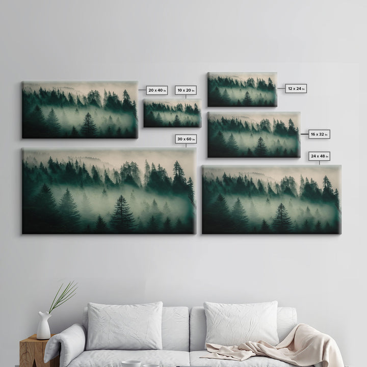 Framed Canvas Print, Pine Tree Forest, Misty Forest Landscape, Fog Covered Mountain, Nature Landscape Decor