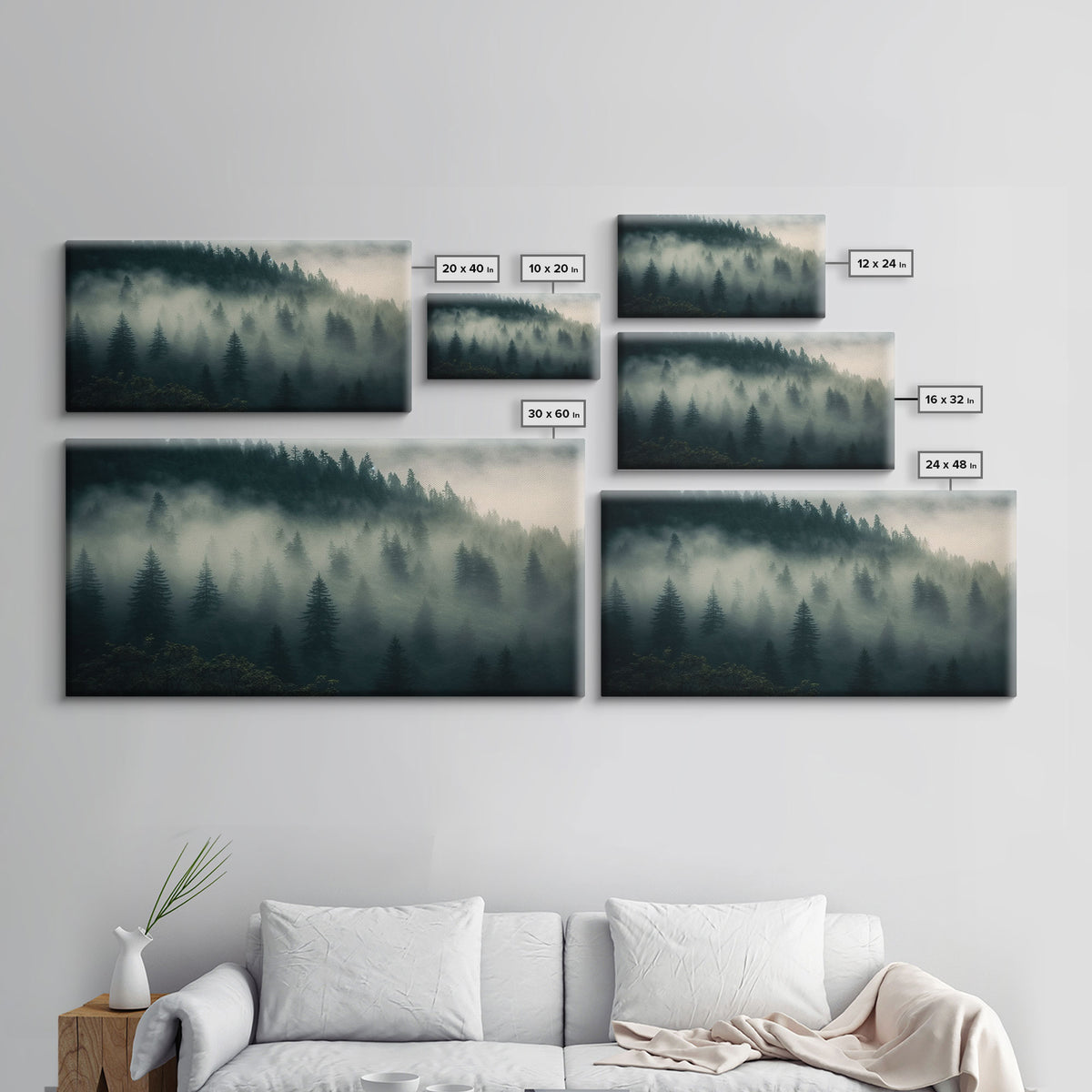 Foggy pine forest, Canadian forest art, framed canvas print, farmhouse decor, misty forst landscape